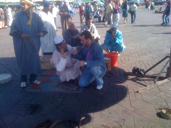 les "fameux" Aïssaouis qui cachent leurs animaux blessés (les crochets à venin sont en général arrachés et ils ne m'ont jamais laissé examiner de près leurs serpents) si on ne paie pas; les reptiles ont souvent des ulcères buccaux, des uveites etc.